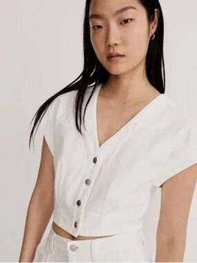 Madewell Denim Cap Sleeve Crop Top in Tile White